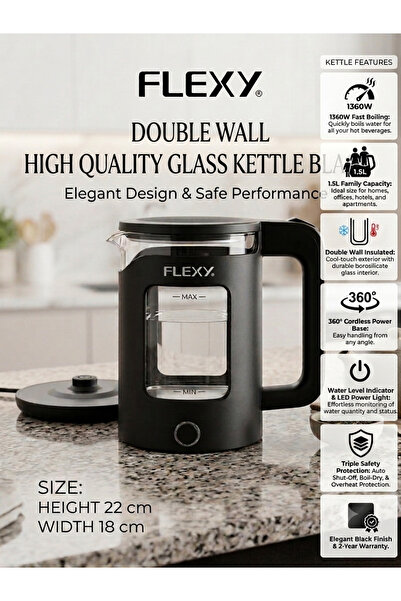 flexy Premium 1.5L Double Wall Glass Electric Kettle – 1360W Fast Boiling