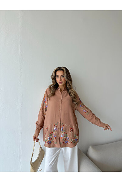 MİA NOURA Women's Oversize Shirt with Embroidered Front and Sleeves, Beaded Work