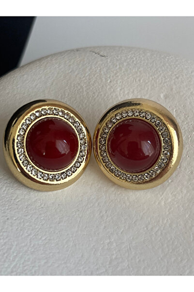 BHR AKSESUAR Gold Color Zircon Stone Red Round Earrings (2.5 cm)