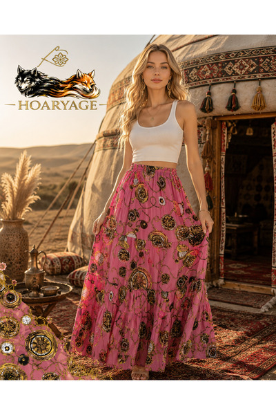 hoaryage Elastic Waist Lined Three Layer Elegant Floral Patterned Crepe Fabri...