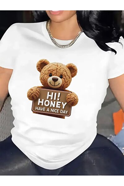 212Wear تي شيرت نسائي بأكمام قصيرة بتصميم دب لطيف مع عبارة "مرحبًا يا عزيزتي،...