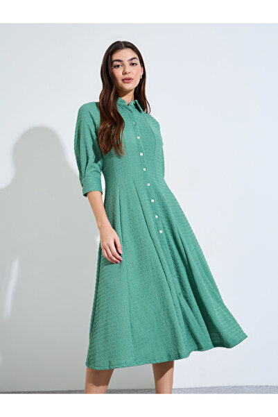 Styli Pleated Waist 3/4Th Sleeves Shirt Midi Dress