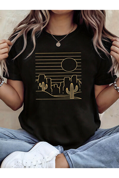 01THEONE Women's Short-Sleeve T-Shirt with Golden Desert Sunset Print Minimal...
