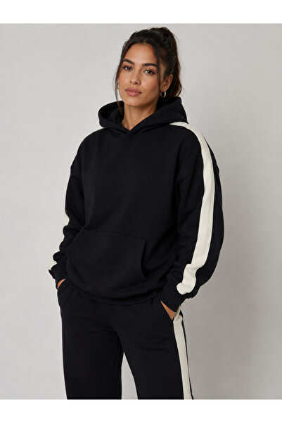 EYAX MODA Women's Striped Detsyli Hooded Pocket Sweatshirt