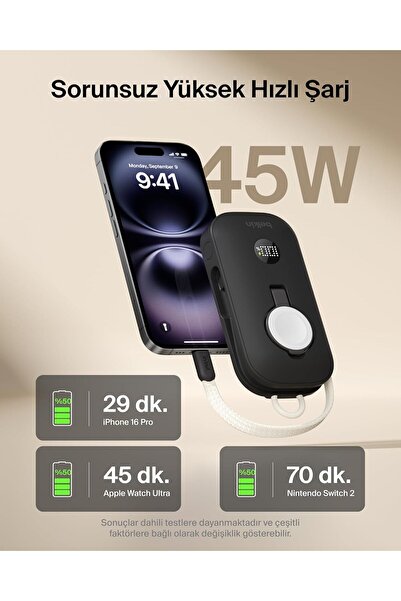 Belkin BoostCharge Pro 10K mAh Power Bank, Watch Şarj Cihazlı, Entegre Örgülü USB-C Kablo ve Dijital Ekranlı Taşınabilir Şarj Cihazı, 45 W,