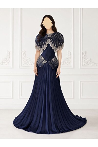 ranin Navy Blue Evening Dress with Mikado Pleated Embroidery and Double Cloch...