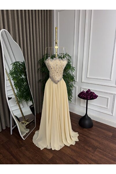 ranin Ivory Evening Gown with Beaded Corset Bodice and Long Flowing Chiffon S...