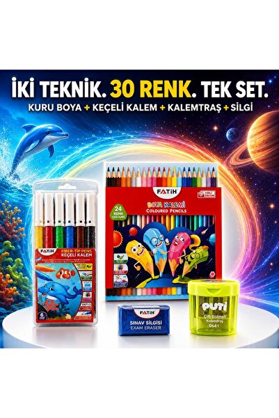 Fatih 32 Parça Boyama Seti – 24 Renk Kuru Boya, 6 Renk Keçeli Kalem, Silgi ve...