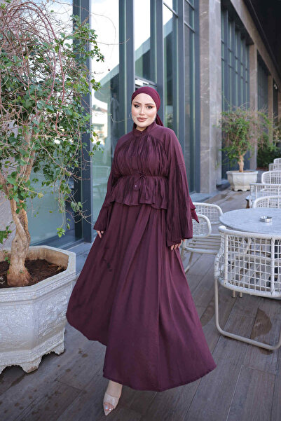 İmajButik Bordo Bel Bağlamalı Piliseli Gömlek Etekli Takım