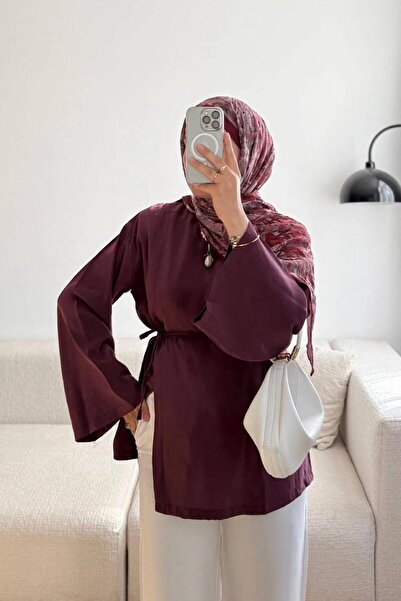 HİFADEN Kadın Geniş Yarasa Kol Oversize Yırtmaç Tasarımlı Bağlamalı Tesettür ...