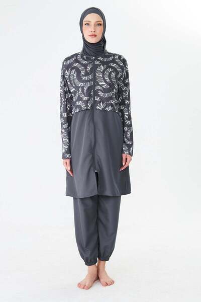 Fantasy Fully Covered Parachute Fabric Patterned Hijab Swimsuit Anthracite-3505