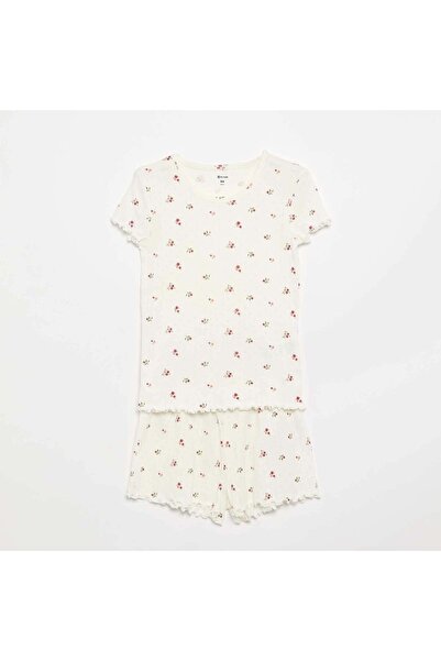 KIABI Pointelle Knit T-shirt and Shorts Pajama Set - 2 Pieces WHITE