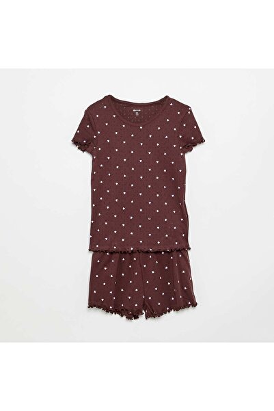 KIABI Pointelle Knit T-shirt and Shorts Pajama Set - 2 Pieces BROWN