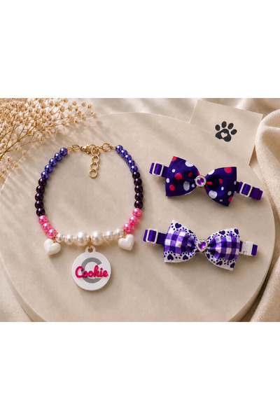 Store 3'lü Set Mor Kişiye Özel İsimli Künye Kedi Tasması Küçük Irk Köpek Tasm...