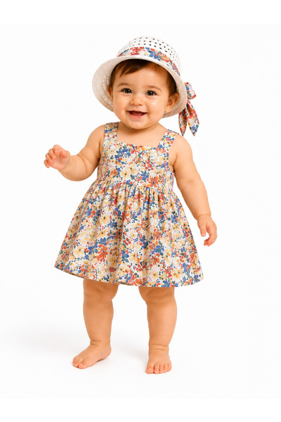 Chicsy Baby طقم فستان صيفي وقبعة للفتيات الصغيرات بتصميم زهور، مصنوع من القطن...