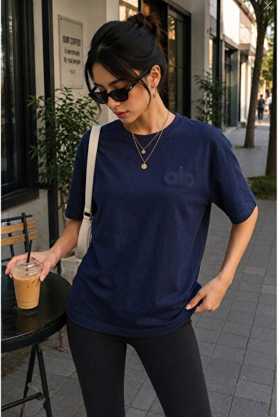 TrendAllStore Al0 Embossed Navy Blue Color Basic Daily T-Shirt