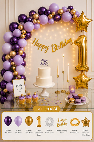 Baloncu Nene 1 Year Old Birthday Decoration Set Purple Lilac Gold Balloon Cha...
