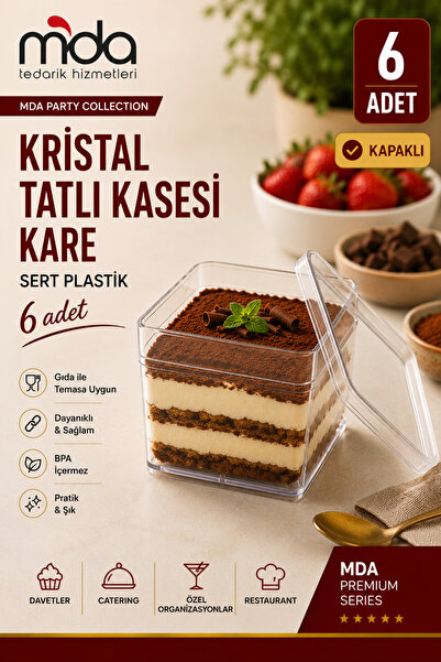 SMARTPACK Kristal Kare Tatlı Kasesi 6'lı Kapaklı
