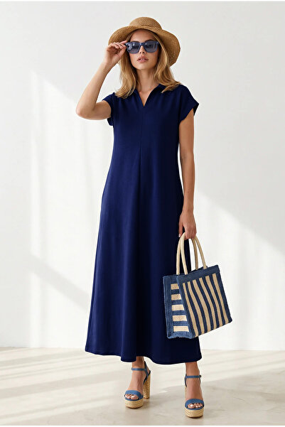 Olalook Women's Navy Blue Polo Collar Pocket Modal Buttoned Flowy Dress Elb-1...