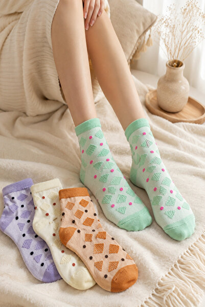 Meguca Socks 4 Çift Kadın Renkli Bambu Geometrik Desenli Çorap Seti