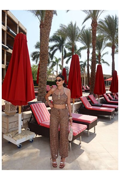ESRAHELVACI Işıltılı Halter Crop Takım EH Collection