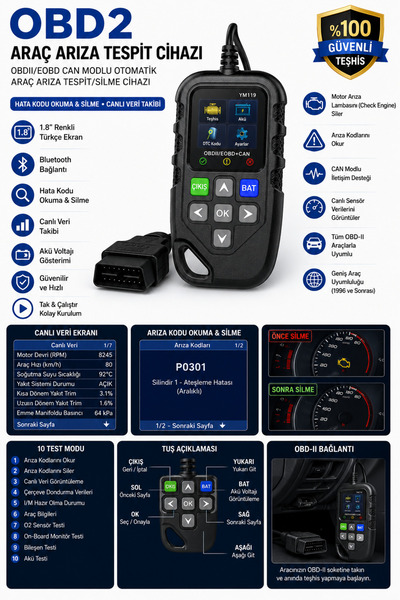 DORNEX ELEKTRONİK YM119 OBD2 Araç Arıza Tespit Cihazı 1.8" Renkli Türkçe Ekra...