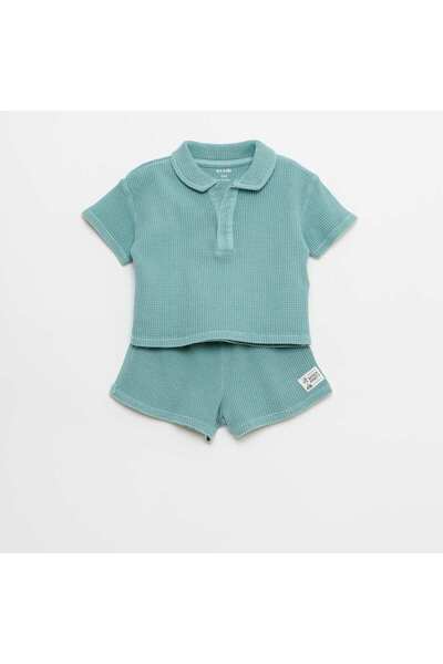 KIABI 2-piece Waffle Knit Polo and Shorts Set BLUE
