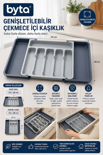 BYTA Expandable Drawer Cutlery Organizer 34X38 - 54X38 cm Spoon Fork Knife Or...