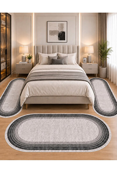 STY Home Gri Oval Dijital Baskılı 3 'lü Yatak Odası Halısı Yolluk Takımı 80x1...