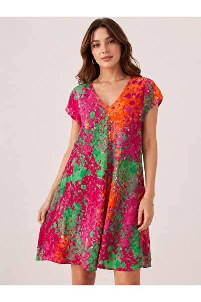 ASL WOMAN Women's V-Neck Patterned Casual Dress – Relaxed Fit