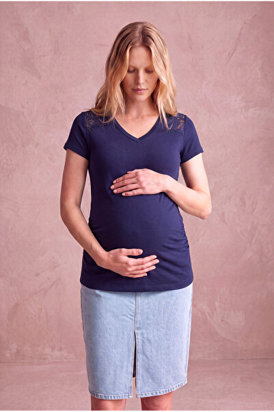 WESTMARK LONDON Maternity Navy Blue Viscose V-Neck Short Sleeve Blouse with C...