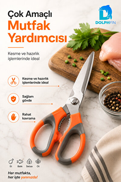 DolphFin Multi-Purpose Kitchen Scissors Stainless Steel Walnut Cracker Orange Gray