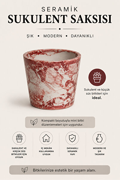 Buywell Seramik Sukulent Saksısı – Bordo Beyaz Mermer Desenli | 7 cm