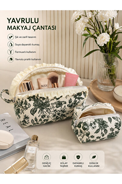 GÖKDAĞ BEDDING Vintage Floral Yeşil Yaprak Desenli Makyaj Çantası – Bez Kozme...