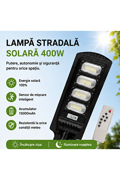 OEM Lampă Stradală Solară 400W, 4 Celule, Senzor Mișcare, Acumulator 15000mAh