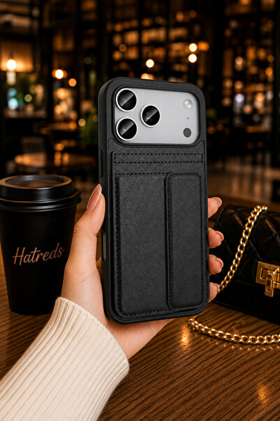 Hatreds iPhone 17 Pro Max Uyumlu PU Deri Kartlıklı Kılıf Siyah