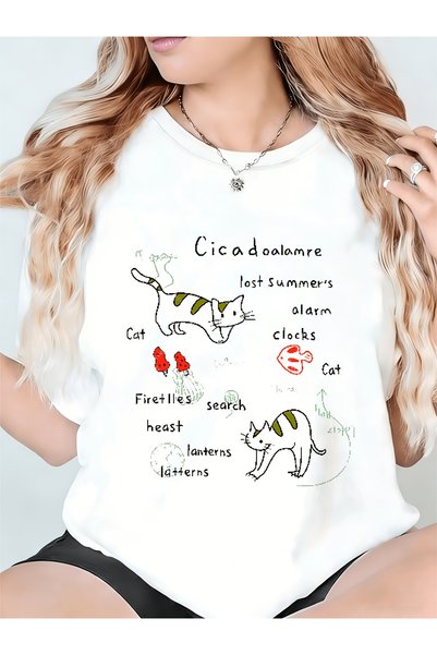 01THEONE Womens Tshirt Cicadaoalamre Lost Summers Alarm Clocks Cat Fireflies ...