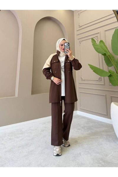 moda4b Women's 3-Piece Dabıl Fabric Hijab Set – Casual Combination with Zippe...
