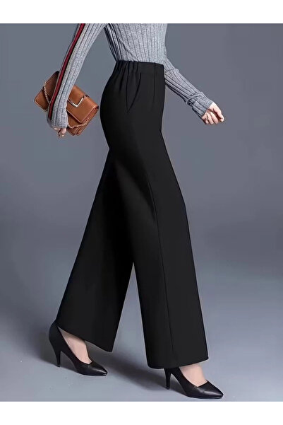 Beruflic Women's High Waist Ribbed Front Wide Leg Imported Crepe Trousers