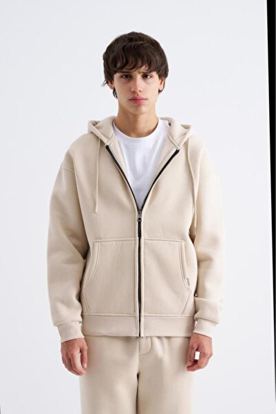 Machinist Men's Oversize Zippered Pocket Hooded Basic Sweatshirt Light Beige