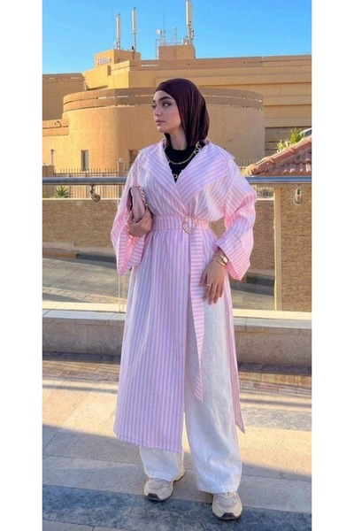 onlymoon Pembe Çizgili Kumaş Kimono Abaya | Kemer Detaylı Yarasa Kol Tesettür...