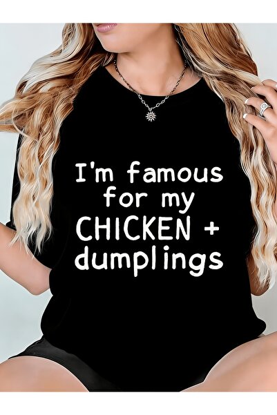 LİNA06 تي شيرت نسائي، مزين بعبارة "I Know My Chicken Dumplings"، يتميز بياقة ...