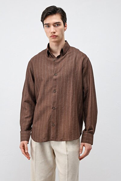 Antioch Brown Linen Blended Striped Men's Shirt