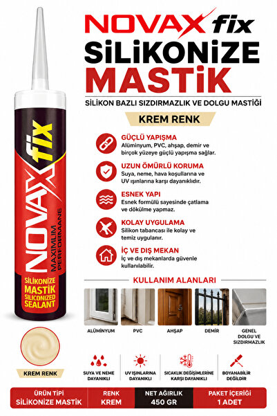 Novax Silikonize Mastik Krem Silikon Alüminyum Pvc Ahşap Demir 450 Gr