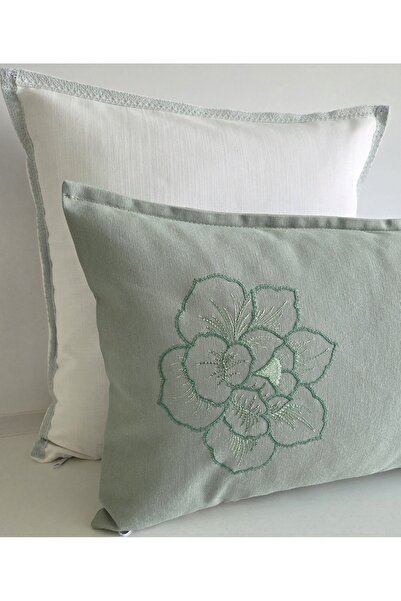 Fabric by Gülçin KOTON DUCK İPEK İPLİK SU YEŞİLİ ÇİÇEK NAKIŞ İŞLEMELİ DİKDÖRT...