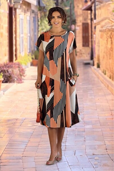 Nevin Kaya Moda Orange Color Geometric Patterned Round Neck Dress