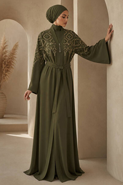 Neva Style Abaya hijab kaki cu detaliu de broderie simetrică 29143HK