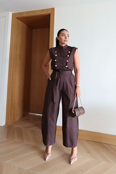 Özge Özgenç Gold Buttoned Self-Belted Jumpsuit