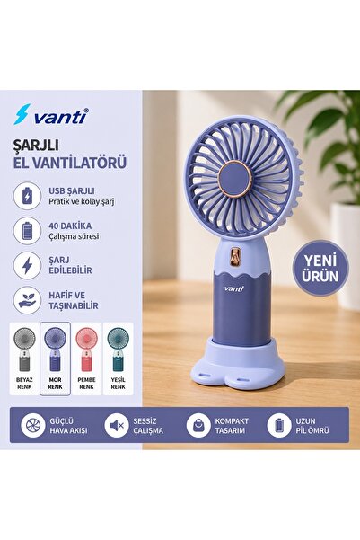 Vanti USB Şarjlı El Vantilatörü Taşınabilir Mini Fan Sessiz Masaüstü El Fanı ...