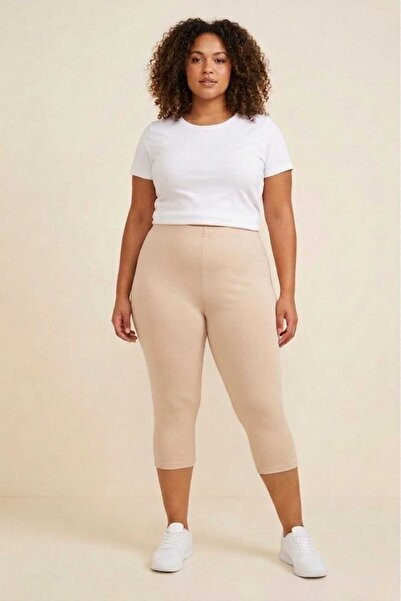 enmodaiçgiyim Women's Skin Color Plus Size Cotton Lycra Below Knee Capri Legg...